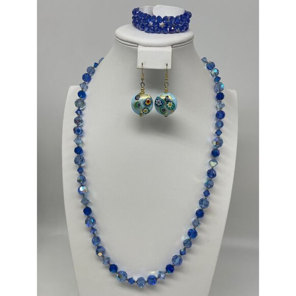 Shades Of Blue Glass Jewelry Bead Necklace Stretch Bracelet & Millefiori Drop Ea - Picture 1 of 12